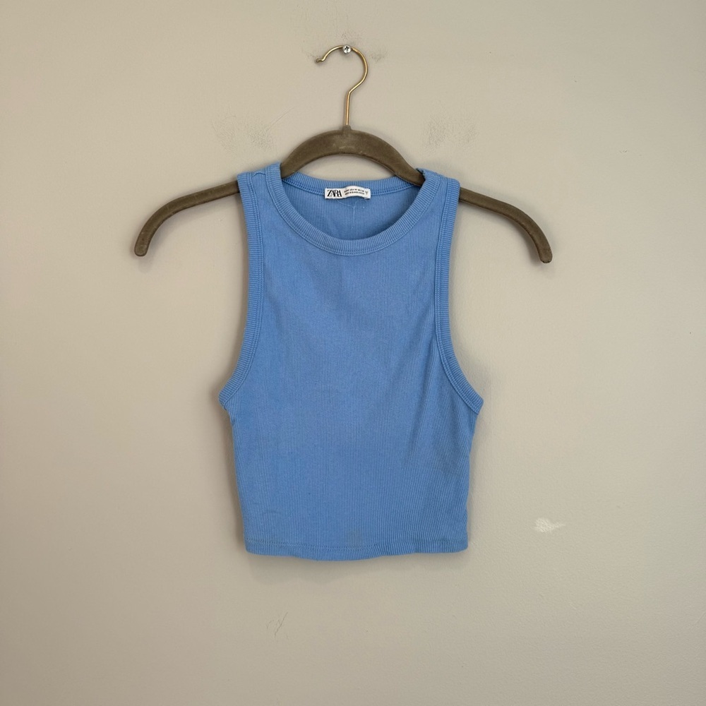 Zara Blue Ribbed Cropped Tank Top